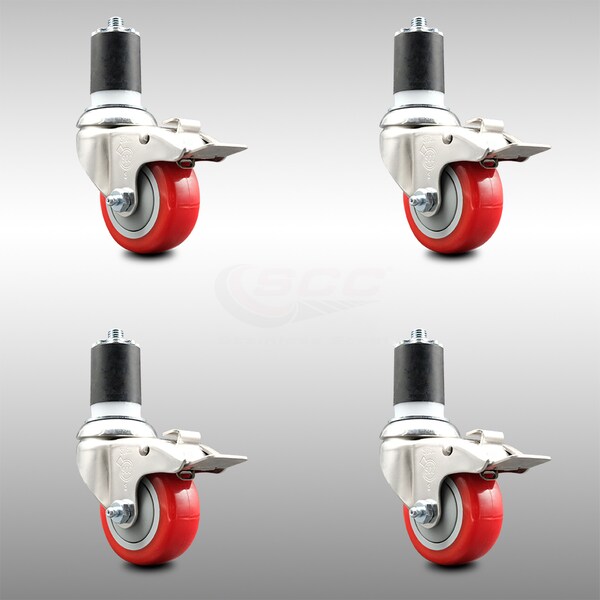 Service Caster 3 Inch 316SS Red Poly Swivel 1-3/4 Inch Expanding Stem Caster Set Lock Brake SCC-SS316TTLEX20S314-PPUB-RED-134-4 - main